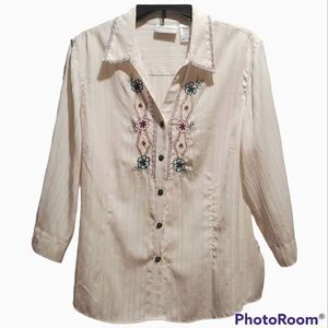 Alfred Dunner Embroidered Button Up Collared Long Sleeve Vintage Style Blouse 16